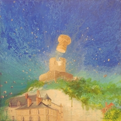 Acrylique sur toile, 60 x 60 cm peint sur motif, N 5 Le bouchon de Champagne saute, fait exploser une partie du mur du donjon du Chteau de La Roche-Guyon.