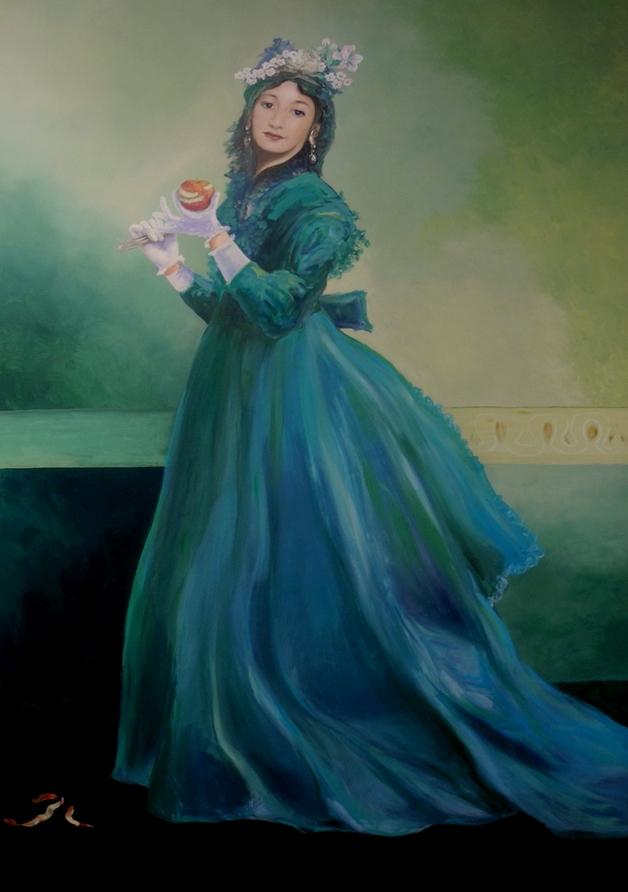 "La dame au gant" 1869  Carolus-Duran Copie, transformations pommes 2011 par  Christine Bthune, Bernouville, 27 (a ct de Bezu-saint-Elois)  