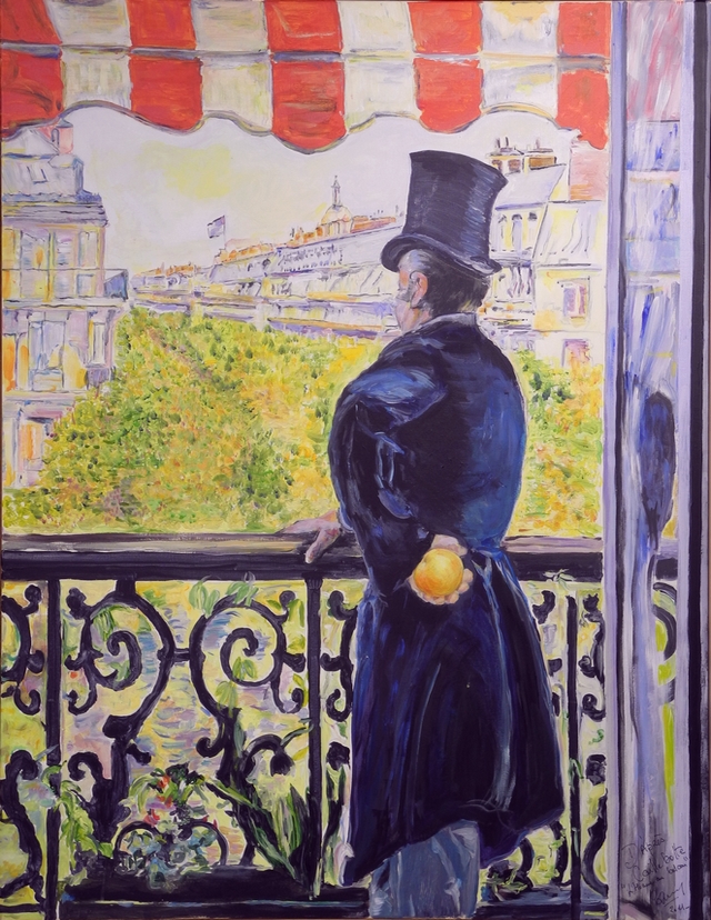  LHomme au Balcon  : boulevard Haussmann. Gustave Caillebotte 1880. transform en 2013  par Sylvie Czasny, Gisancourt 27720. Fte de la peinture dpartement de l'Eure 2015